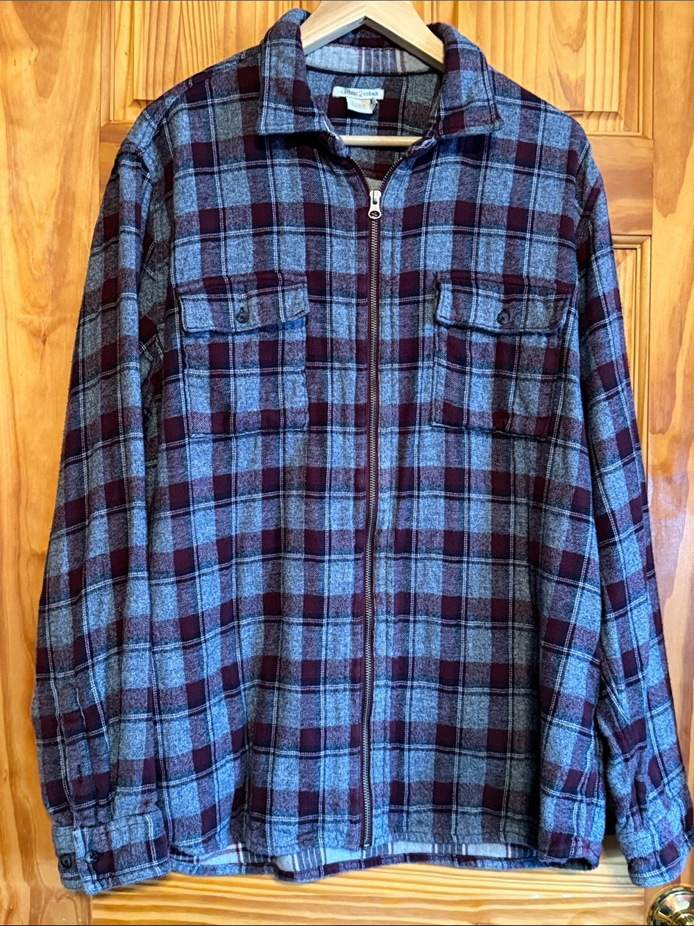 Men's Zip-Front Plaid Shirt Jacket in Gray and Burgundy